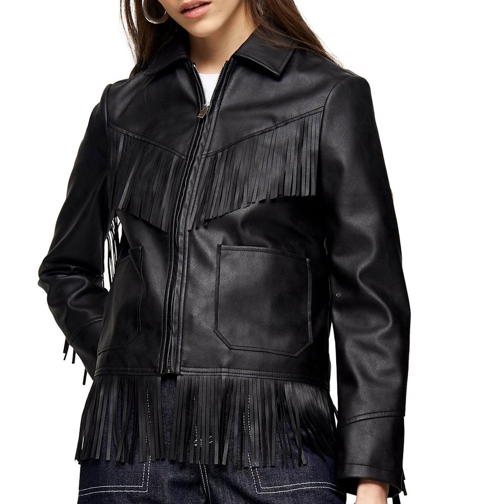 NWT Women's Topshop Fringe Trim Faux Leather Jacket Black Size 4 US $110 P060